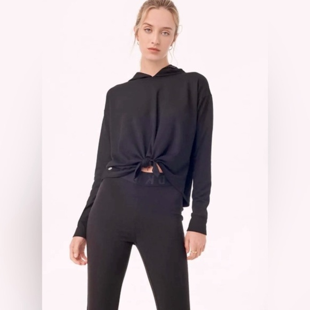DONNA KARAN Black Yoga Tie Front Hoodie Soft Active Top - Athleisure Loungewear